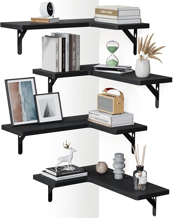 Amada Corner Floating Shelves, Paulownia Wood, Set of 4, Black | Corner Wall Shelves with Triangular Metal Bracket, 44 lbs Capacity per Shelf, L-Shaped Design for Home Decor, Kitchen Storage by AMADAHOMEFURNISHING