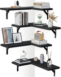Amada Corner Floating Shelves, Paulownia Wood, Set of 4, Black | Corner Wall Shelves with Triangular Metal Bracket, 44 lbs Capacity per Shelf, L-Shaped Design for Home Decor, Kitchen Storage by AMADAHOMEFURNISHING