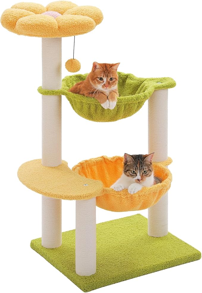 37.4" Flower Cat Tree with 2 Hammocks & 6 Sisal Posts, Yellow | Flower top perch, 2 spacious hammocks, 6 sisal posts, Cute small tower, For indoor kittens, Sturdy build by MUTTROS