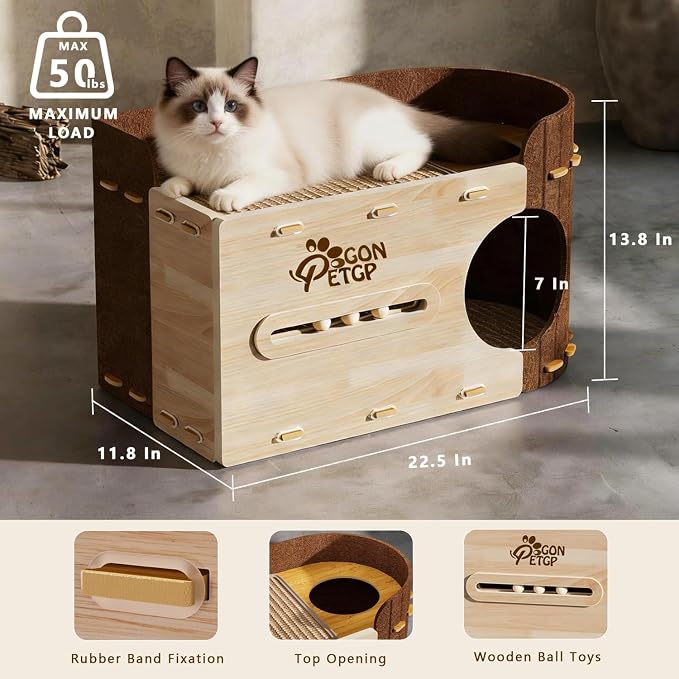 GONPETGP Large Cat Beds for Indoor Cats, Extra Wide Cat House Cave with Scratch Pad Wooden Play Ball, Foldable Felt Kittens Hideaway Condo for Multiple Small Pets - Image 2