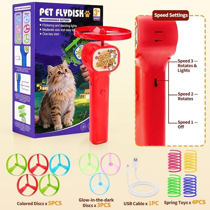 BABORUI Cat Toy Disc Launcher, Rechargeable Interactive Cat Fetch Toy Launcher with 8 Flying Discs, Flying Enrichment Toys for Indoor Bored Kittens & Adult Cats (Red-1) - Image 6