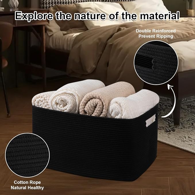 OIAHOMY 75L Large Blanket Basket, Storage Baskets with Handle, Rectangle Woven Cotton Rope Basket, Toy Organizer Bins, 22" x 17"x 12" in,Charcoal Black - Image 4