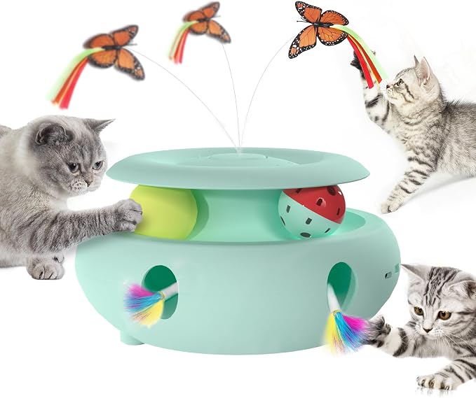 3-in-1 Interactive Cat Toys for Indoor Cats, Blue | Rechargeable Automatic with Fluttering Butterfly,Smart Sensor 6 Holes Mice Whack-A-Mole and Track Ball by Scsuupoeecattoys