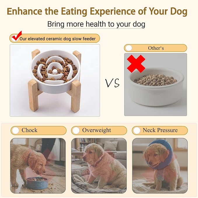 Elevated Ceramic Slow Feeder Dog Bowls Anti-Choking Slow Feeding for Small&Medium Size Anti-Slip Non-Lead & Toxic Durable Easy to Clean Maze Slow Feeder Bowl（8.26in White Flower Pattern） - Image 5