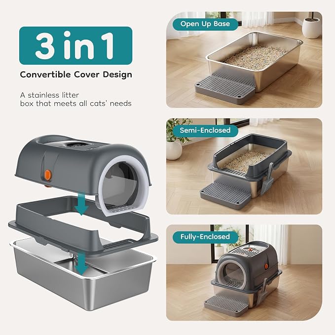OLIXIS Stainless Steel Enclosed Litter Box with Lid, High Sided | Cat Litter Pan for Big Cats, Extra Large Cat Box with Scoop & Mat, Front & Top Entry, Easy Cleaning, Grey - Image 4