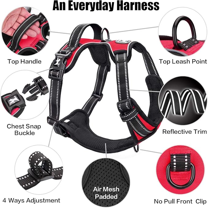 PoyPet No Pull Dog Harness Large, Reflective Vest with Front Clip & Handle | Easy On/Off, No Choke, Adjustable, 2 Leash D-rings, Soft Padded, Breathable, Oxford, for Walking Training, XL, Red - Image 6