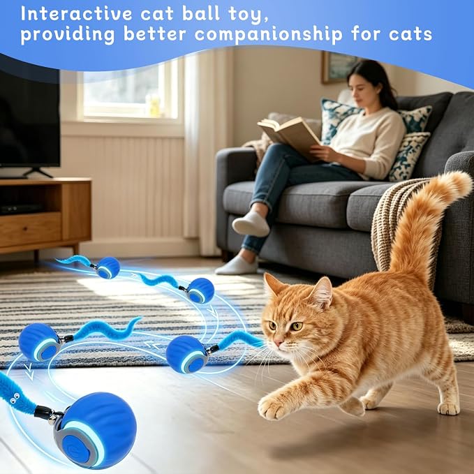 Interactive Cat Toy Ball - Automatic Moving Cat Ball for Indoor Cats with 3 Tails, Rechargeable Silent Kitten Toy for Boredom & Exercise, Rolling Ball Toy with 2 Modes & 2 Speeds. - Image 7