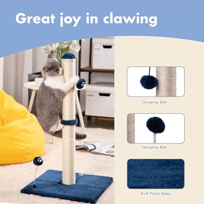 MECOOL 34“ Tall Cat Scratching Post Premium Basics Kitten Scratcher Sisal Scratch Posts Trees with Hanging Ball for Indoor Cats, Navy - Image 2