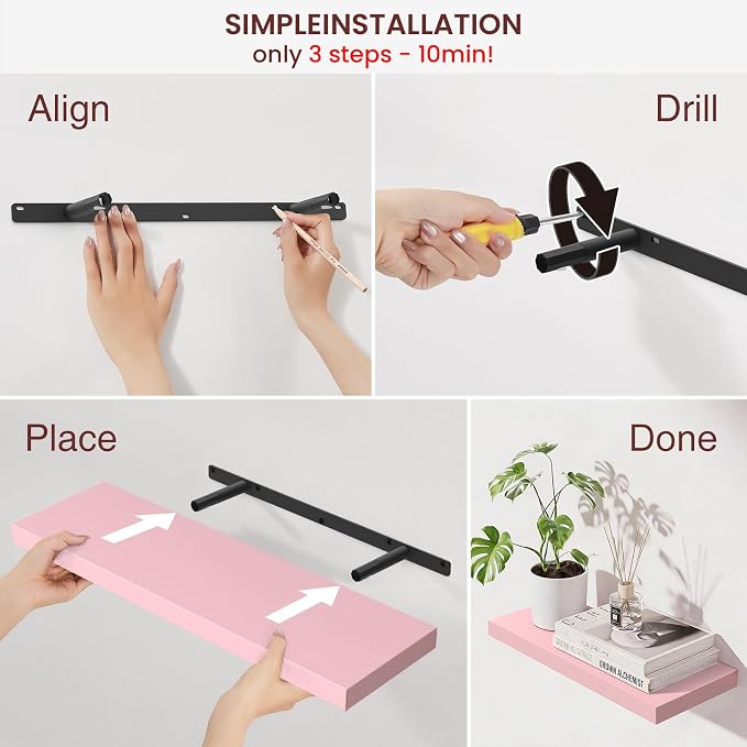 BAYKA Pink Floating Shelves 22.5in, Set of 2, Wall Mounted for Wall Decor | Easy Install, 22lbs Max Load, Hidden Bracket, Hanging Shelf for Books Nursery Plants Perfume Storage, Multi-Wall Compatible - Image 7