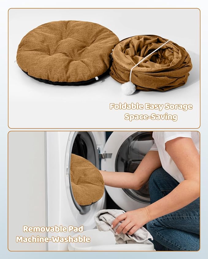 Linen Cat Tunnels with Central Cat Bed, Interactive Cat Toys Detachable Washable Soft Mat Large Indoor Play Tunnel Cave for Kittens and Small Animals - Image 6