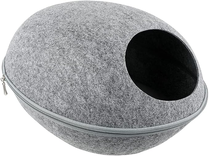 Felt Cat Cave Bed with Removable Cover, Cozy Pet Shelter for Indoor Cats, Zippered Washable Cat House with Roomy Interior (Light Gray, for Cats Under 15 lbs, Eggshell Dome Cat Bed) - Image 3