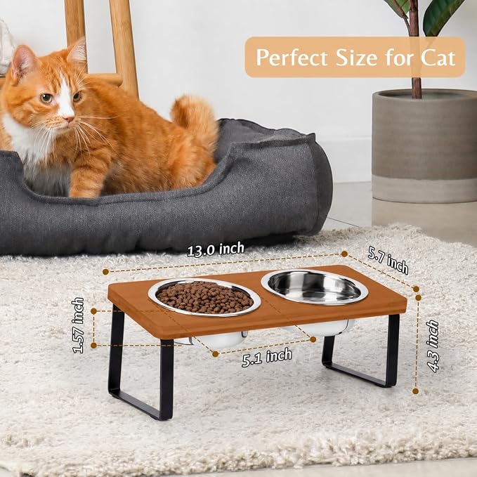 Elevated Cat Food Bowl for Indoor Cat, Brown Raised Water Bowl Set for Pet | Whisker Friendly, Anti Vomit, Feeding Station for Puppy, Stainless Steel, Pet Dish, Easy Assembly, Bamboo, Dishwashers Safe - Image 4