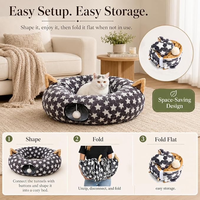 Large Cat Tunnel Bed Under Christmas Tree with Fluffy Toy Balls, Small Cushion and Flexible Design- 10 inch Diameter, 3 ft Length- Great for Cats, and Small Dogs, Gray Star Pattern - Image 6