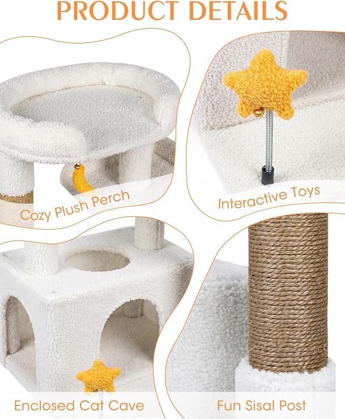 30" Kitten Cat Tower, Compact Beige Cat Tree with Condo & Perch | Plush Finish, Cozy Condo, Soft Top Perch, Sisal Scratching Post, Dangling Ball Toy, Anti-Tip Base, for Cats up to 15 lbs - Image 3