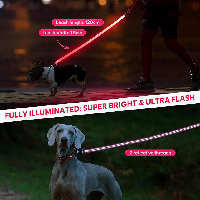 LED Dog Leash, 4 Ft Light Up Dog Leash USB Rechargeable Waterproof, Nylon Reflective Leashes with Padded Handle, Safety Glow in The Dark Walking Lead for Large Medium Small Pets(Pink) - Image 5