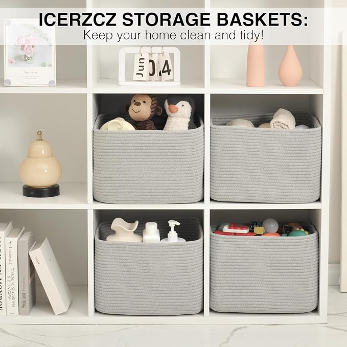 ICERZCZ Storage Baskets for Organizing & Shelves, Woven Cotton Rope Organization Bins for Dog Toys, Clothes, Books, Nursery Organizer, 15"Lx11"Wx9.5"H, (4 Packs) Grey - Image 6