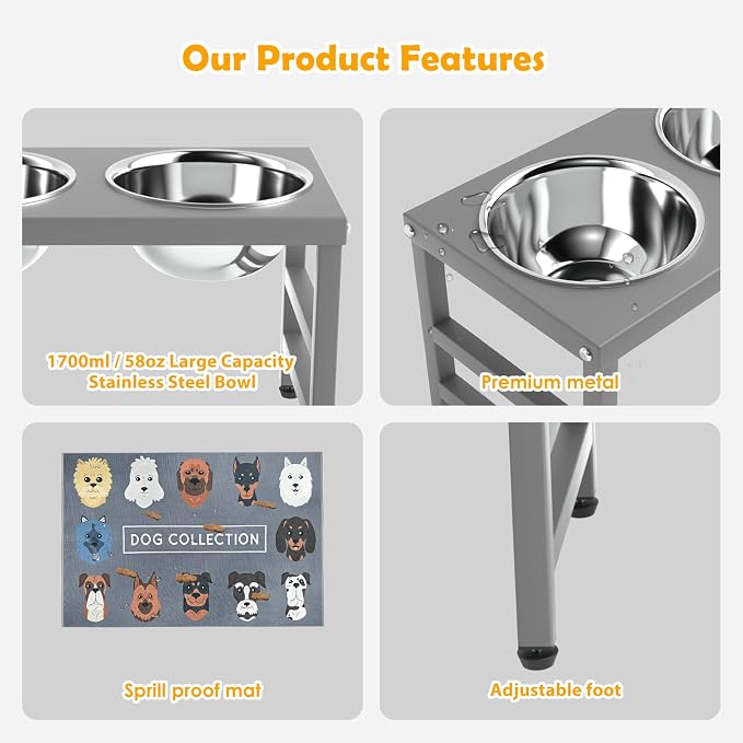 10'' Metal Raised Dog Bowl Stand, Elevated Dog Bowls with 2 Stainless Steel Bowls (1700ml/58oz) & Anti-Spill Mat for Medium/Large Breeds,Gray - Image 4