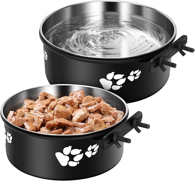 Dog Kennel Water Bowl Hanging for Large and Medium Dogs 7.1x2.9” & 6.2x2.6” | 54oz & 34oz Hanging Food and Water Bowls for Dog Kennels, Cage, Crate - No Spill Dog Metal Feeder, 2 Pack by ShineMe