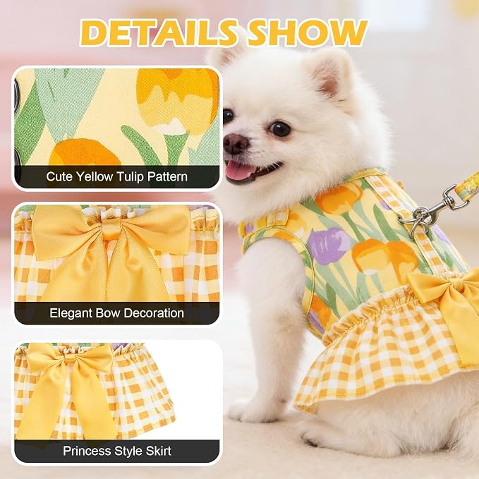 EXPAWLORER Dog Harness Small Medium Sized Dogs, No Choke No Pull Mesh Vest | Tulip Dog Dress Bowknot Harness and Leash Set Soft Cute Princess Puppy Outfits Clothes Costume for Girls Party Cats Yellow S - Image 2