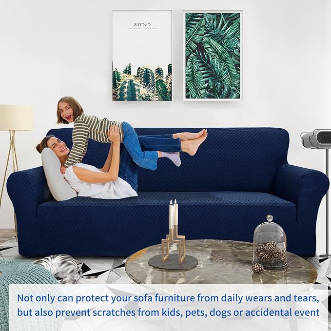 ZNSAYOTX 1 Piece Jacquard Couch Covers for 3 Cushion Couch High Stretch Sofa Cover for Pets Dogs Anti Slip Extra Large Sofa Slipcovers Furniture Protector (XL Sofa, Navy Blue) - Image 2