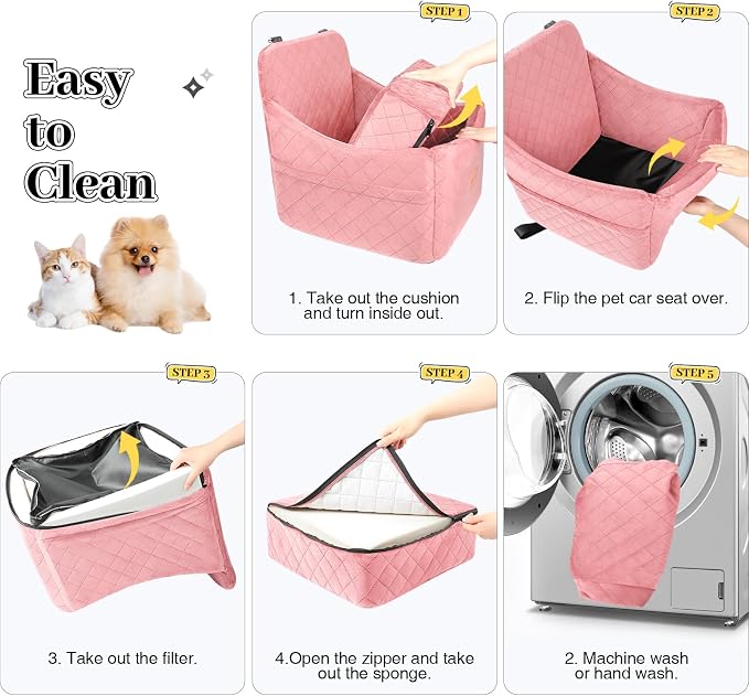 Dog Booster Car Seat for Dogs up to 35lbs, Safety Pet Car Seats with Anti-Slip Bottom, Travel Booster Dog Bed with 2 Storage Pockets (Pink, Medium) - Image 4