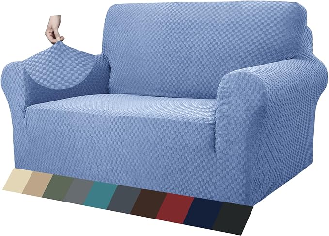ZNSAYOTX 1 Piece Jacquard Couch Covers for 2 Cushion Couch High Stretch Loveseat Slipcover for Pets Dogs Anti Slip Love Seat Sofa Slipcover Furniture Protector (Medium, Light Blue) by ZNSAYOTX