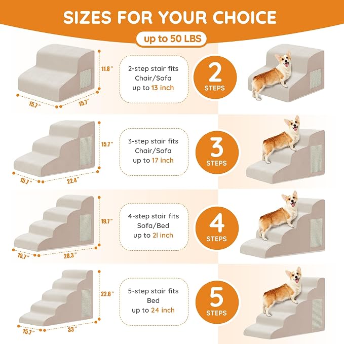 Dog Stairs for Small Dogs 15.7" H, Dog Ramp for Bed, 3-Step, Beige | Dog Steps for Bed, Couch, Pet Stairs with Non-Slip Bottom Design, Cat Scratching,High Density Foam Portable Pet Steps, Indoor - Image 2