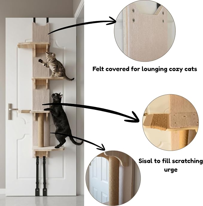 Over the Door Cat Tree Climber | Hanging Cat Wall Shelf with Felt Perches & Sisal Scratching Post | No Drill Cat Climbing Shelves & Window Perch for Cats Inside - Image 3