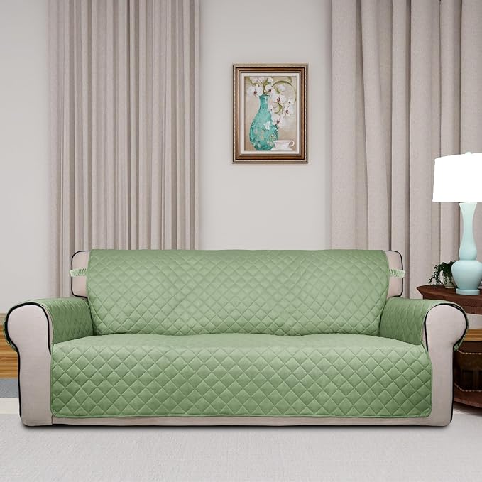 PureFit Reversible Quilted Couch Covers for Dogs Oversized Sofa Cover 78” | Sage Green/Ivory, Water Resistant Couch Protector, Washable Pet Couch Cover with Non Slip and Elastic Straps For Kids - Image 2