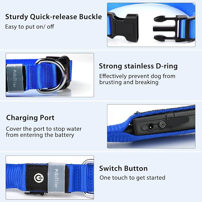 PcEoTllar Light up Dog Collar, Safe for Night Walking, Adjustable, Blue, S | Colorful RGB Light, Waterproof, For Small Medium and Large Dogs, Durable Material, USB to Charge - Image 3