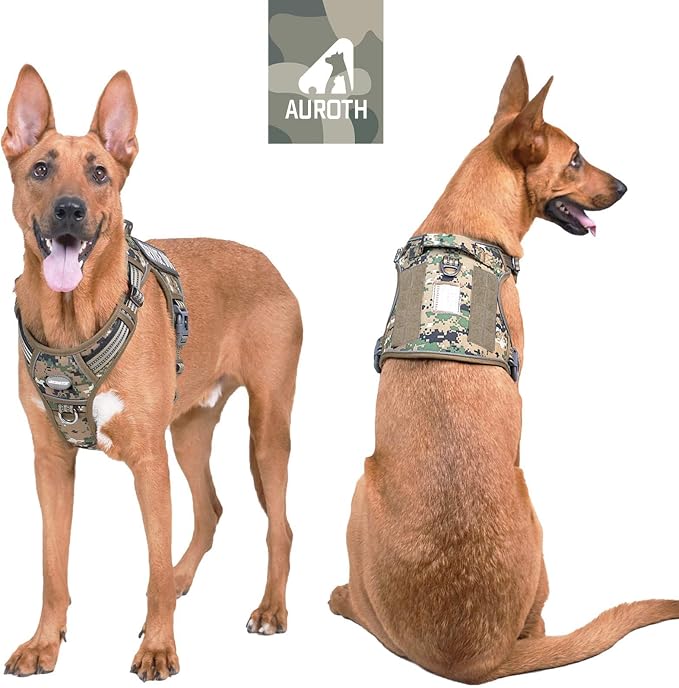 AUROTH Tactical Dog Harness for Extra Large Dogs, Heavy Duty No Pull Vest | Easy Control with Handle, Reflective, Military K9, No Choke, 2 Clips, for Walking Hunting Hiking Training, Woodland Camo, XXL - Image 3