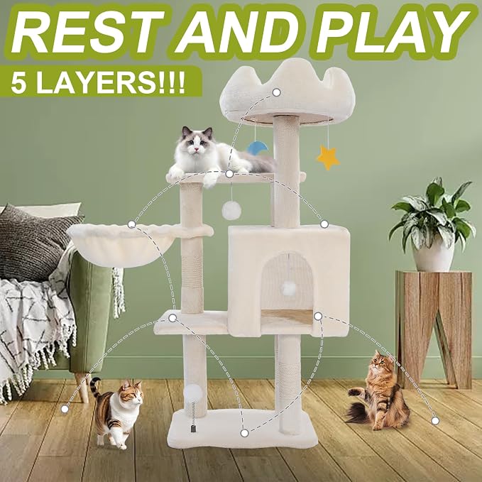 Cat Tree Tower with Hammock,40"Cat Trees for Indoor Cats Large Adult(White) | Modern Cat Tree Tower with Scratching Post, Cats Condo Furniture with Cloud Top Perch, Cats Climbing Tower for Kittens - Image 2