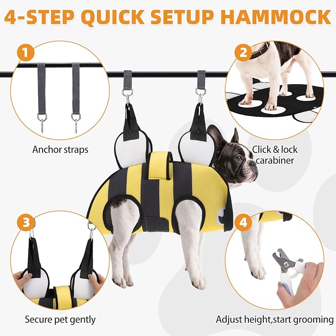 Dog Grooming Hammock for Small Dogs Cats, Cute Bee Design Dog Hanging Harness for Nail Trimming/Clipping, Pet Sling with Grooming Kit and Thick Neck Support & Strap Restraint Claw Care, M - Image 6
