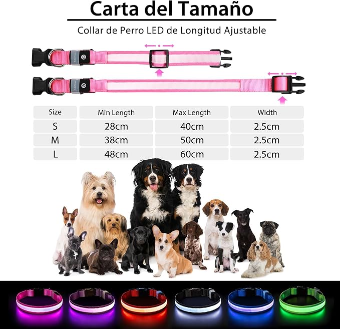 PcEoTllar Light up Dog Collar, Safe for Night Walking, Adjustable, Pink, M | Colorful RGB Light, Waterproof, For Small Medium and Large Dogs, Durable Material, USB to Charge - Image 6