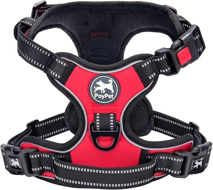 PoyPet No Pull Dog Harness Large with Front Clip & Neck Release Buckle | No Choke, Adjustable Vest, Reflective, Back Clip, Lockable, Soft Padded, Easy Control Handle for Walking Training, L, Red by PoyPet