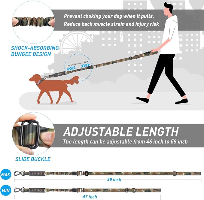 Hotsky Tactical Bungee Shock Absorbing No Pull Strong Dog Leash,CP,4-6FT | Heavy Duty for Medium Large Dogs That Pull up to 660 lb,with Padded Double Handle ＆ Car Seatbelt,360°Rotating Locking Clasp - Image 6