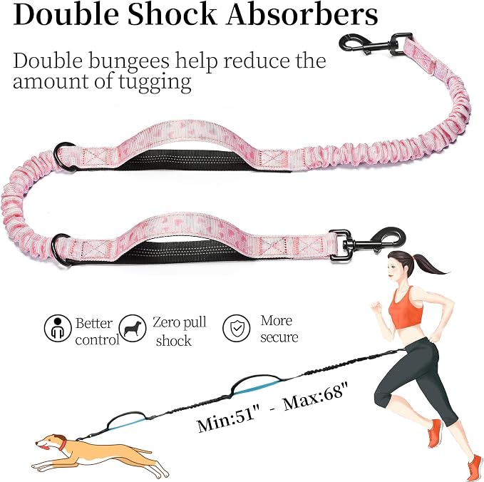 Hands Free Dog Leash with Zipper Pouch, Pink Heart, Large | Waist Leash, Dual Padded Handles, Shock-Absorbing Bungee, Adjustable Waist Belt, Walking and Running - Image 5