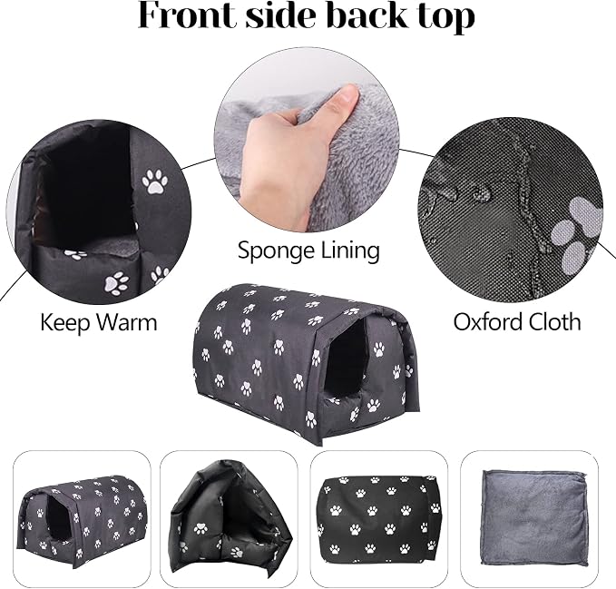 Fhiny Stray Cats Shelter, Waterproof Outdoor Cat House Foldable Warm Pet Cave for Winter Wild Animal Tent Bed Anti-Slip Kitten Cave for Feral Cat Dog Puppy Weatherproof Black - Image 2