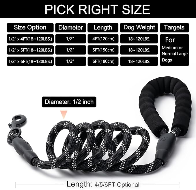 2 Pack Dog Leash, Heavy Duty Nylon Rope Pet Leashes(6FT-1/2,Black/Blue) | Comfortable Padded Handle, Anti-tangle Swivel Clip, Reflective for Night Walks and Training, Climbing Rope for Strong Pullers - Image 5