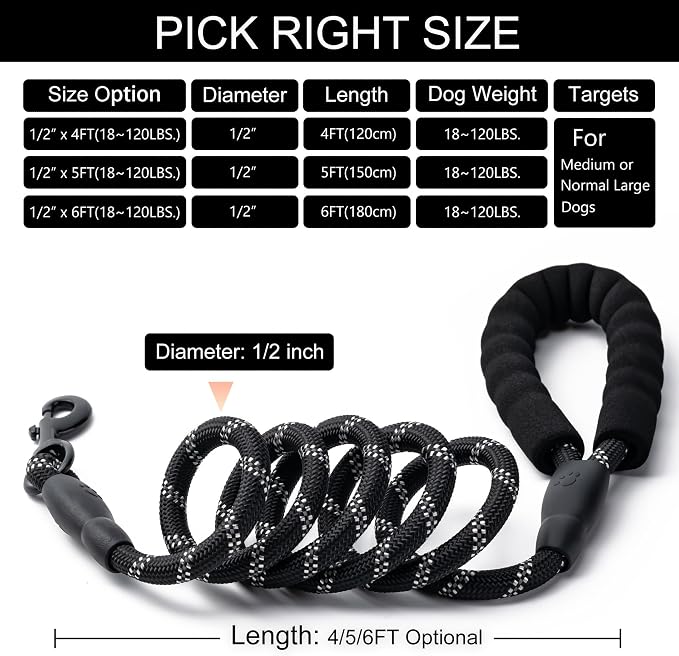 2 Pack Dog Leash, 4/5//6 FT Heavy Duty Nylon Rope Pet Leashes with Comfortable Padded Handle, Reflective Dog Leashes for Small Medium and Large Dogs (4FT-1/2,Black/Orange) - Image 5
