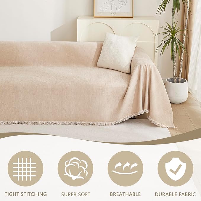 MYSKY HOME Dog Sofa Covers Khaki L-Shaped Sofa Slipcovers, Loveseat Couch Cushion Cover Tassel Edge, 91"x 118 - Image 2