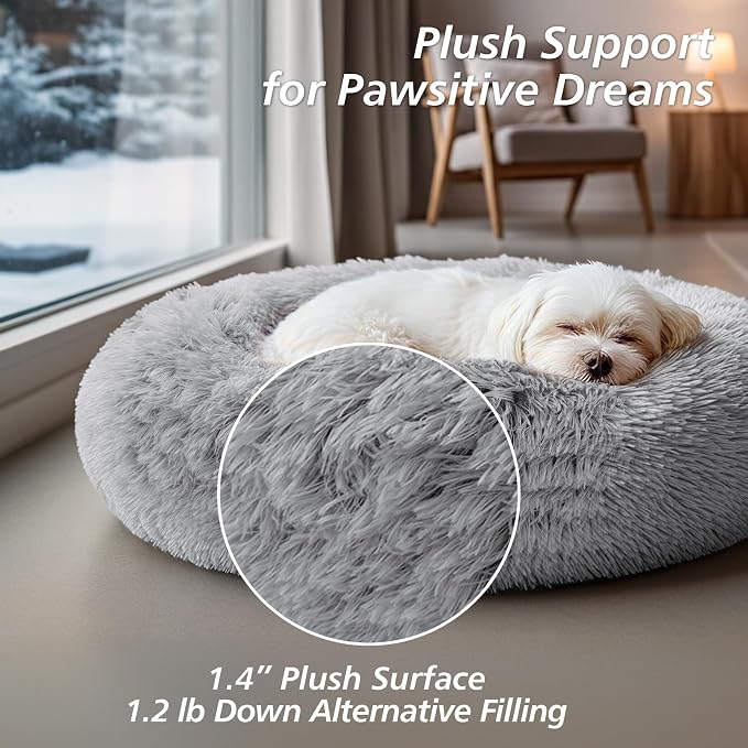 JOLLYVOGUE Calming Dog Bed for Small Dogs - 23 inches Donut Washable Small Dog Bed for Kittens & Puppies, Anti-Slip Round Fluffy Plush Faux Fur Cat Beds (Fits up to 25 lbs Pets, Grey) - Image 4