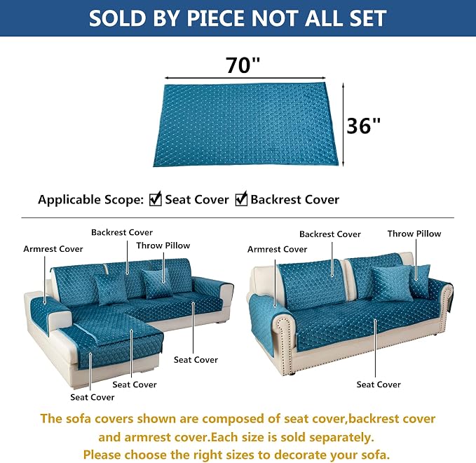 Eismodra Couch Cover,Sectional Couch Covers,Sofa Covers for 3 Cushion Couch,Anti-Slip Sofa Slipcovers for Dogs Cats Kids Loveseat Recliner L Shaped Armrest Backrest,Blue 36''x70''(Only 1 Piece) - Image 5