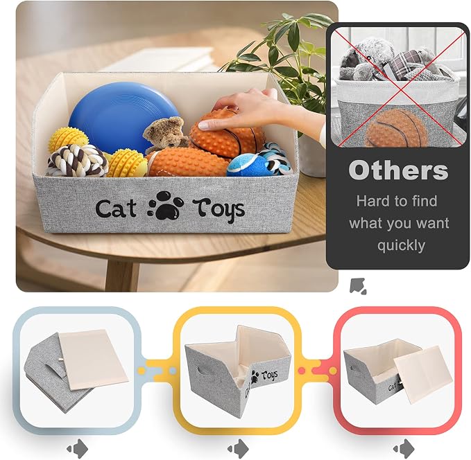2X Thicker Large Cat Toy Bin Collapsible Cat Toy Box Sturdy Cat Toy Basket Kitten Toy Storage Bed for Organizing Cat Toys Treats Clothes and Accessories (Grey) - Image 4