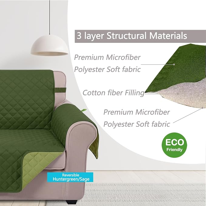 U-NICE HOME Reversible Recliner Chair Covers, Huntergreen/Sage | 28''Recliner Cover for dogs Washable, Pet Friendly, Elastic Straps, Water Repellent, Diamond Quilted - Image 4