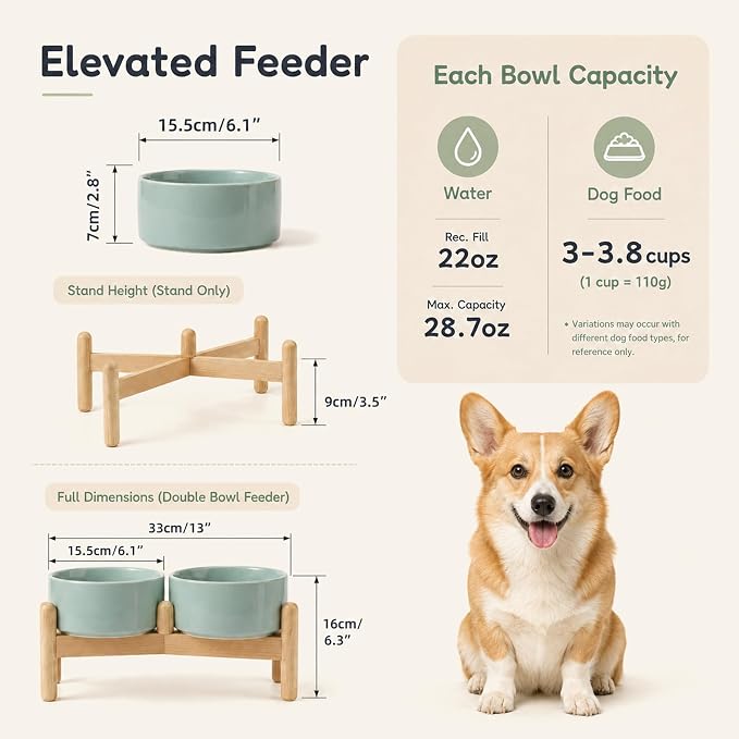 Havniva Ceramic Dog Bowls Elevated, Raised Dog Food Bowl for Small Dogs | 6.1” Elevated Dog Bowls, Non-Slip Wood Stand, Dog Food and Water Bowl Set, Dog Feeding Dish, Large Capacity Pet Water Bowl - Image 2