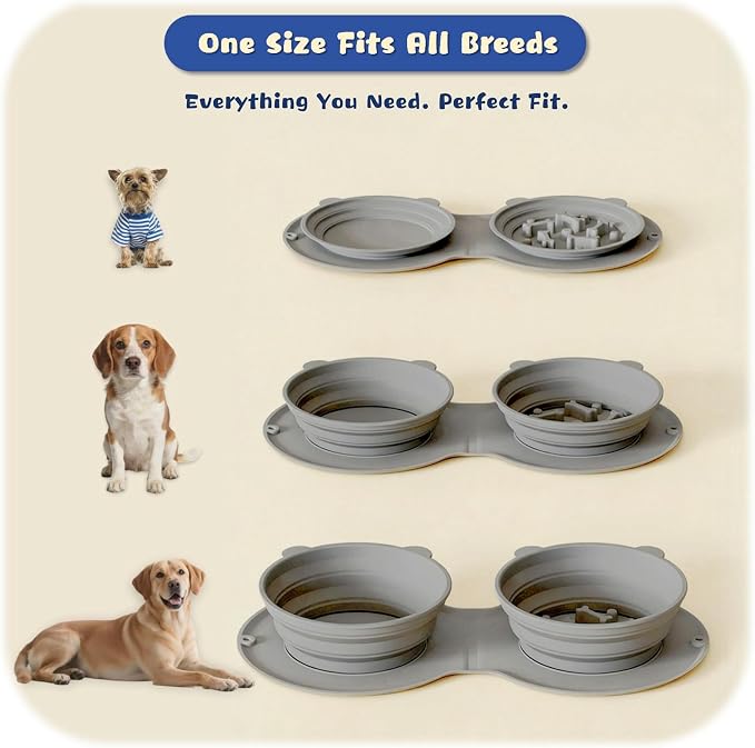Premium Silicone Collapsible Dog Bowl with Carabiner Clip, 2-in-1 Foldable Double Pet Food & Water Travel Bowl, Portable No-Spill Design for Walking Hiking Camping, for Small Medium Dogs - Image 4