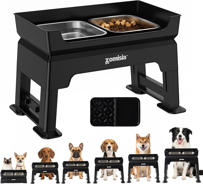 ZOMISIA Elevated Dog Bowls, 6 Height Adjustable Raised Dog Bowl Mess Proof | No Spill Water Bowl, 3-in-1 Dog Bowl Stand, Double Deck, 2 Stainless Steel Bowls, Licking Plate, For Small Medium Large Pets by Zomisia