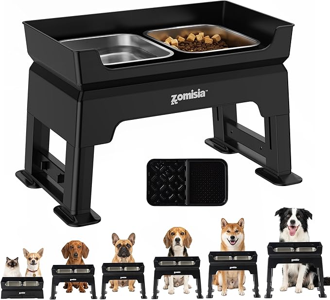 ZOMISIA Elevated Dog Bowls, 6 Height Adjustable Raised Dog Bowl Mess Proof | 3-in-1 Dog Bowl Stand, Double Deck Design, 2 Stainless Steel Bowls, Licking Plate, Feeding Station for Small Medium Large Pet by Zomisia