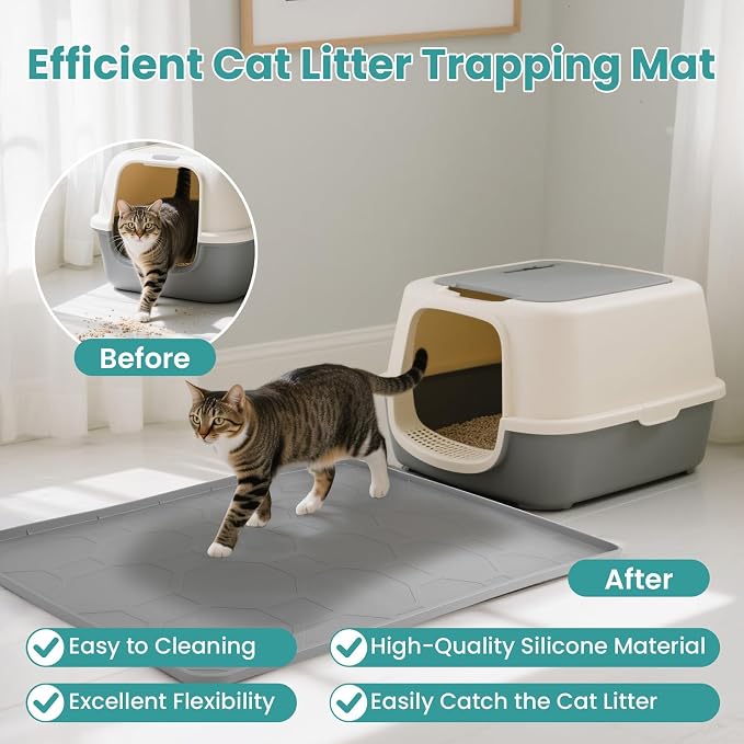 Cat Litter Box Mat, Large Silicone Cat Litter Mat, 34" X 22" Waterproof Pet Mat, Durable & Easy Clean (light gray) - Image 3